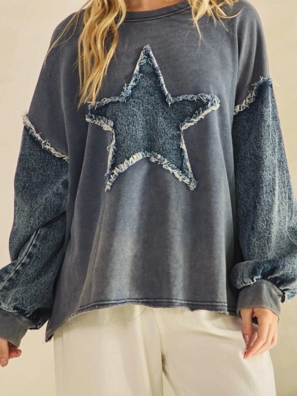 Washed Blue Star Appliqué Pullover Sweatshirt - Women